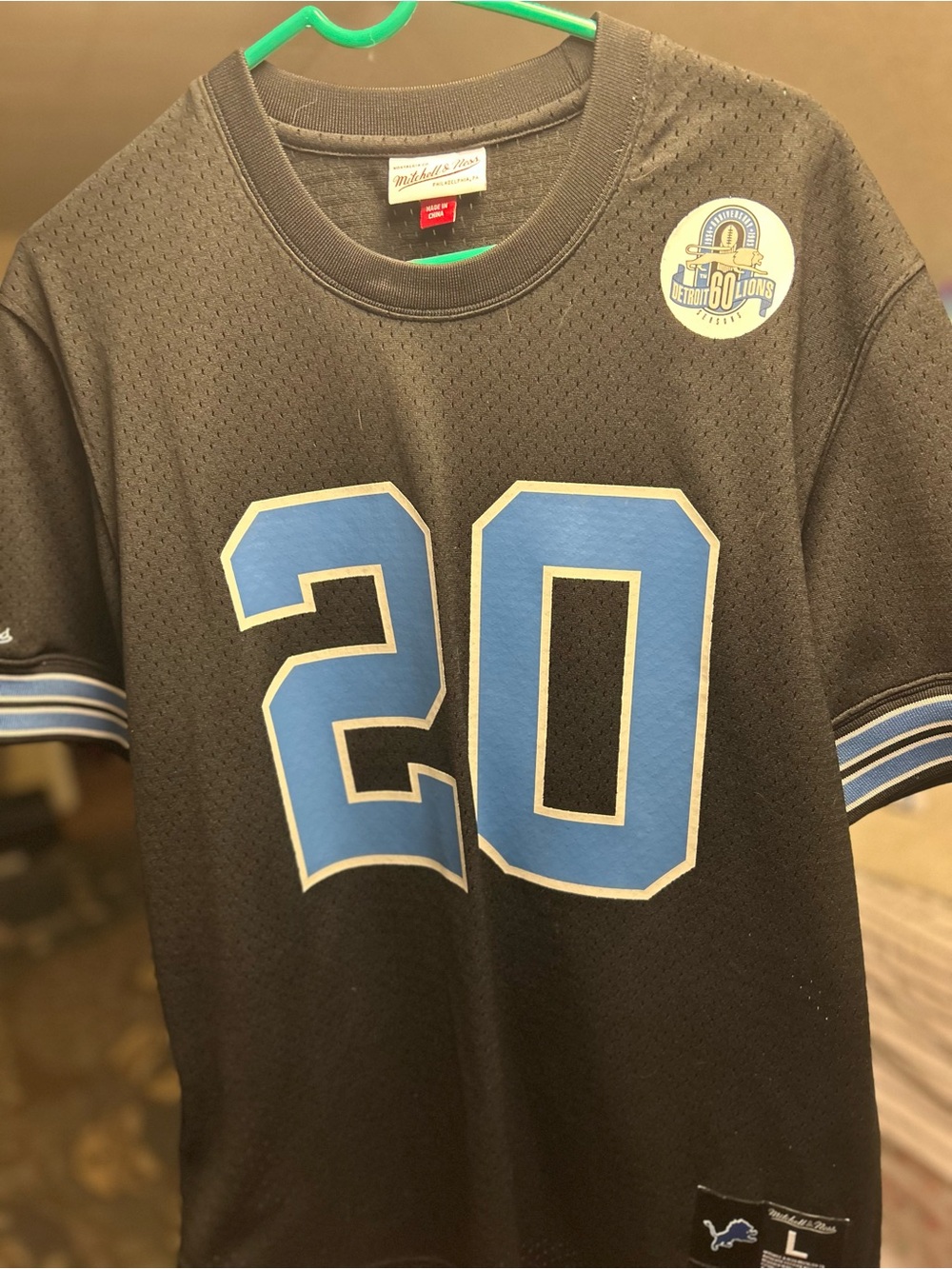 Mitchell & Ness Black Detroit Lions #20 Jersey with Light Blue Numbers